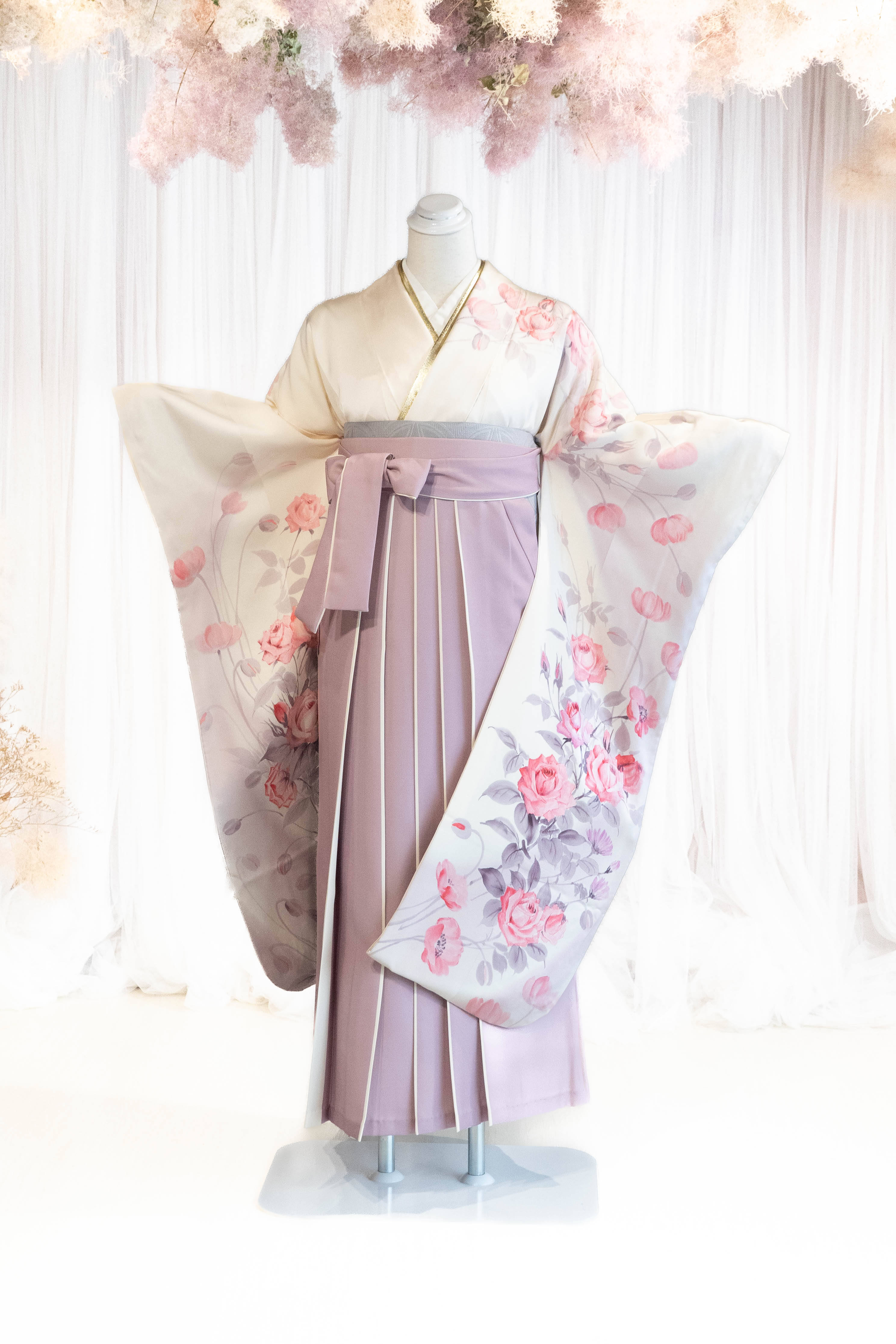 付け下げ 白山紬 寿光織 花模様 リーフ パープル 着物 041a d